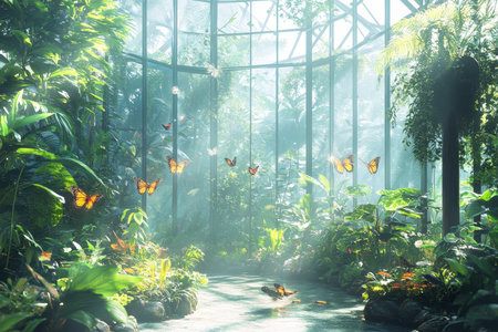Butterflies dance in the sunlit atmosphere of a lush garden filled with greenery and flowers.の写真素材
