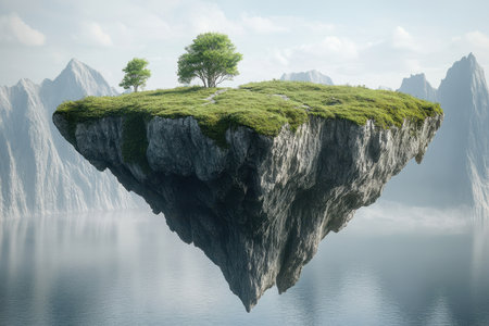 A unique floating island features green grass and trees, set against a backdrop of majestic mountains and calm water.の写真素材
