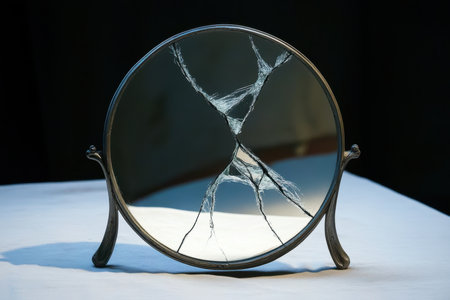 A broken mirror stands on a white table, showing unique cracks that create an artistic effect.の写真素材