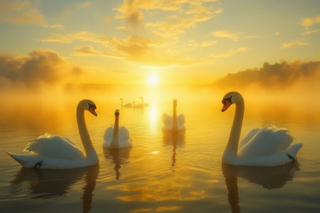 Swans glide serenely across a tranquil lake as the sun rises, creating a beautiful golden glow through the mist.の写真素材