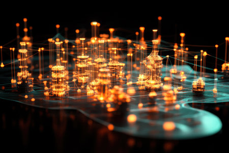 A futuristic city model features illuminated circuits and nodes creating a networked landscape at night.の写真素材