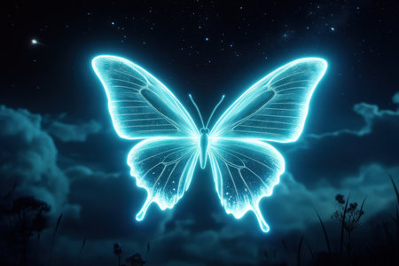 A glowing butterfly dances in the night sky, surrounded by twinkling stars and soft clouds.の写真素材
