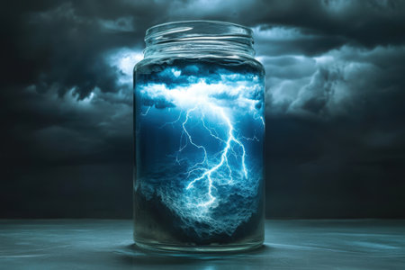 A jar holds a captivating display of a storm, complete with waves, clouds, and vivid lightning inside.の写真素材