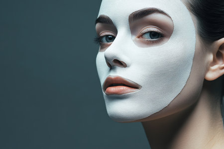 A woman with a facial mask relaxes in a calm indoor environment, focusing on her skincare routine.の写真素材