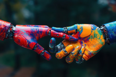 Two vividly painted robotic hands extend towards each other, illustrating connection and technology.の写真素材