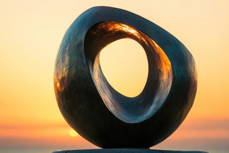 A striking sculpture is illuminated by the warm glow of the setting sun, showing its intricate design.の写真素材