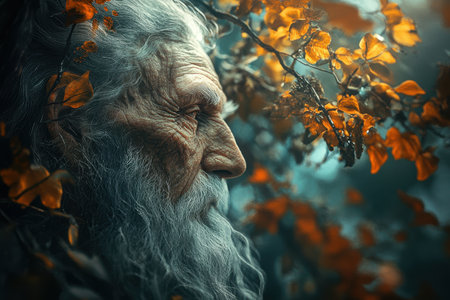 An elderly man with a long beard gazes thoughtfully among vibrant autumn foliage in a serene forest.の写真素材