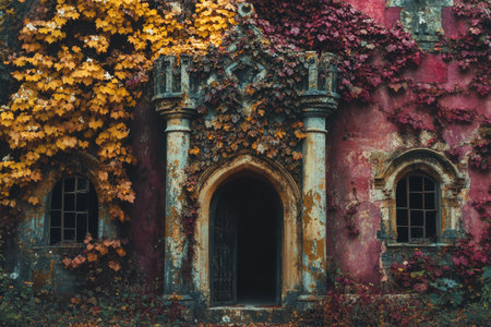 An ancient structure is partially hidden by colorful autumn leaves, showing a mysterious entrance.の写真素材