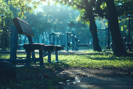 A quiet outdoor gym features exercise equipment amidst green grass and trees during the early morning.の写真素材