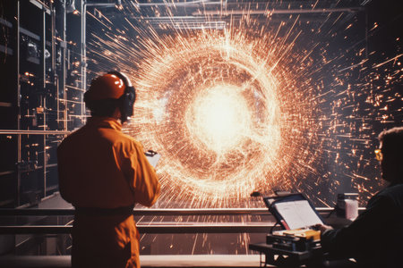 Two workers watch as a bright explosion of sparks occurs during a metal fabrication task.の写真素材