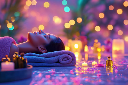 A woman enjoys a soothing treatment in a calming spa, surrounded by soft lighting and fragrant oils.の写真素材