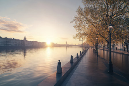 Warm sunset casts golden light over the riverbank, highlighting trees and lampposts, creating a serene atmosphere.の写真素材