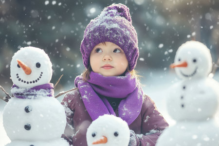 A young child in winter attire plays with decorated snowmen amidst falling snowflakes.の写真素材