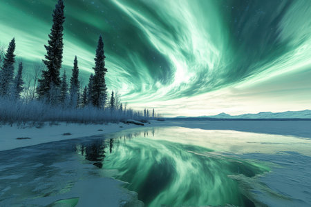 Vibrant auroras dance across the night sky, mirrored in a still lake surrounded by snow-covered trees.の写真素材