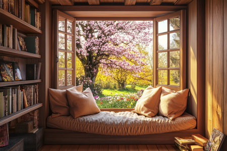 A serene window seat offers a view of a colorful garden in full bloom with cherry blossoms and green grass.の写真素材