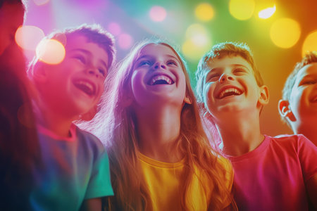 A group of children are laughing and smiling while enjoying a lively celebration filled with colorful lights.の写真素材