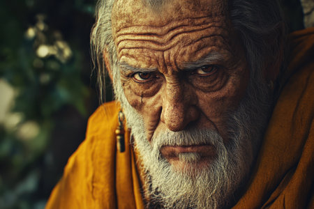 An elderly man with a weathered face and expressive features gazes intensely while dressed in an orange robe outdoors.の写真素材