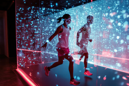 A man and woman jog together in a futuristic gym featuring digital light effects and projections.の写真素材