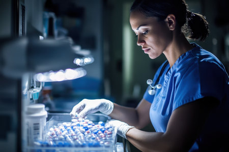 A dedicated healthcare worker sorts through medication containers in a nighttime pharmacy.の写真素材