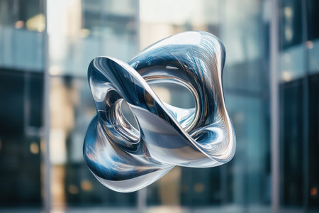 A futuristic metallic sculpture floats in front of sleek glass buildings, showcasing unique design and reflections.の写真素材
