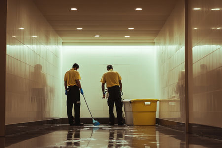 Two individuals in yellow shirts use cleaning equipment to mop a wet hallway in a well-lit building.の写真素材