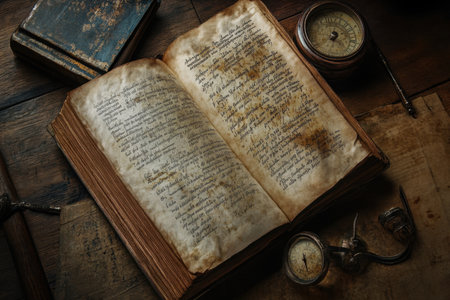 An old book opened on a rustic wooden table, surrounded by a compass, pipe, and vintage clock in soft light.の写真素材