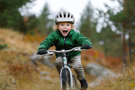 A young child smiles brightly while cycling on a dirt path through a green forest in autumn.の写真素材