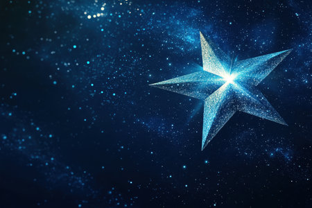 A large, radiant star illuminates the dark cosmos, surrounded by countless twinkling lights in the background.の写真素材