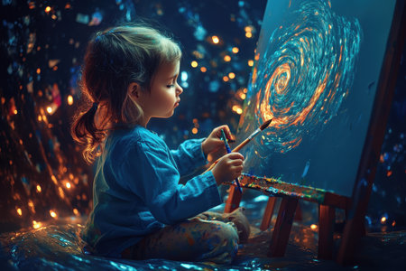 A young child delicately paints a swirling galaxy on canvas, surrounded by sparkling lights.の写真素材