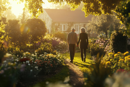 A senior couple walks hand in hand along a flower-filled path, surrounded by colorful blooms during golden hour.の写真素材