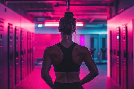 A woman looks down a corridor in a gym, surrounded by vibrant pink and blue neon lights late at night.の写真素材