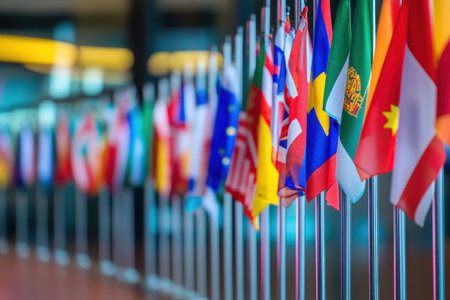 Colorful international flags line the interior of a modern building, symbolizing unity during a global gathering.の写真素材