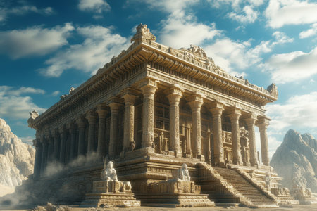 A magnificent stone temple stands amidst rugged mountains with intricate carvings and tall pillars under a clear sky.の写真素材