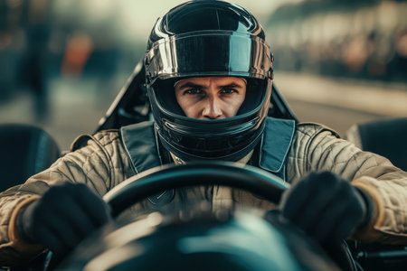 Intense driver grips the steering wheel, ready for action on the racetrack amidst excitement and activity.の写真素材