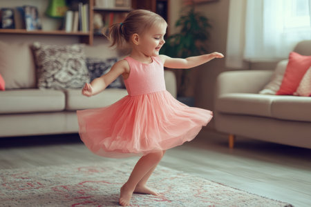 A little girl dances happily in a bright living room, wearing a pink dress and bare feet on a rug.の写真素材