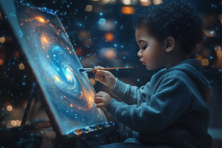 A child immersed in creativity paints a swirling galaxy on canvas with a small brush during nighttime.の写真素材