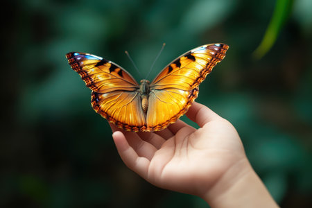 A child experiences the joy of nature as a vibrant butterfly rests on her hand in a serene garden.の写真素材