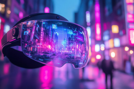 Augmented reality glasses display a colorful urban landscape amidst neon-lit streets and buildings at night.の写真素材