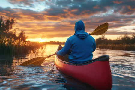 A person paddles a red kayak on a calm river during sunset, surrounded by lush greenery and colorful skies.の写真素材