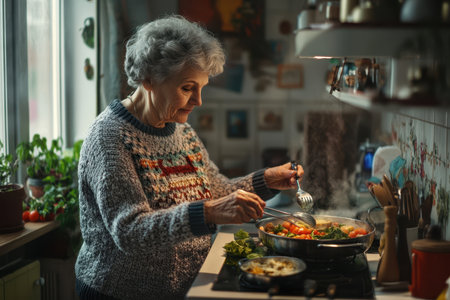 A woman cooks a tasty meal with fresh veggies, enjoying the warmth of her sunlit kitchen in the afternoon.の写真素材