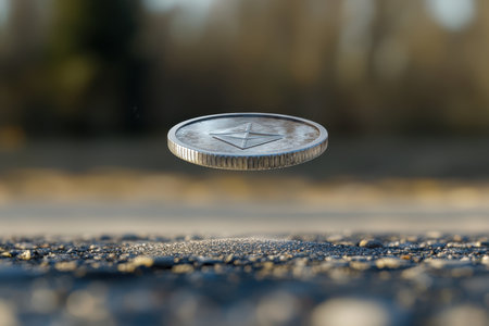 A coin is levitating above a textured asphalt surface, illuminated by natural daylight in an outdoor setting.の写真素材