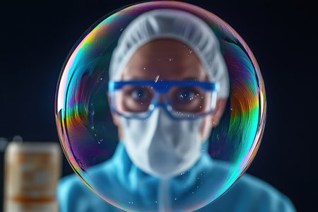 A scientist in protective gear examines a colorful soap bubble while conducting an experiment.の写真素材