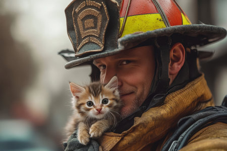 A firefighter smiles warmly while holding a small kitten close to his face in an urban setting.の写真素材