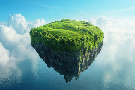 A lush green island hovers above serene waters, surrounded by fluffy clouds and a bright blue sky.の写真素材