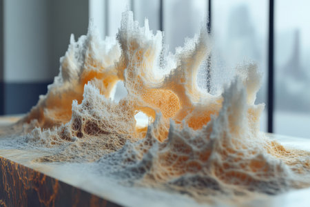 This striking art piece features intricate wave-like formations in a spacious gallery with large windows.の写真素材