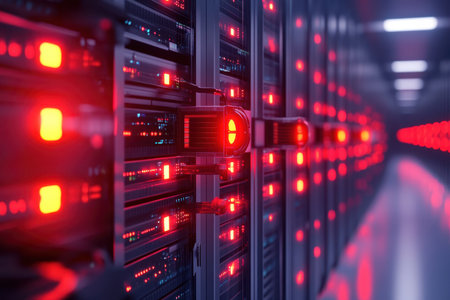 Rows of high-tech servers glow with vibrant red LED lights, highlighting the active network environment.の写真素材