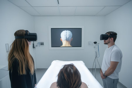 Two individuals wear virtual reality headsets while observing a digital display of a brain activity simulation.の写真素材