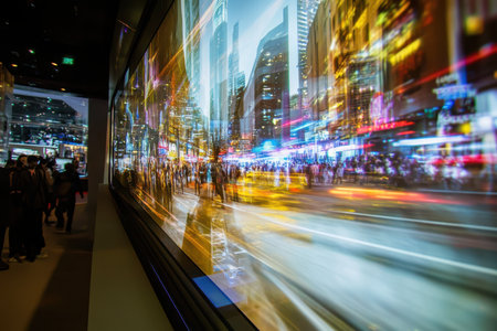 A lively urban environment filled with people exploring the city as lights illuminate the streets at night.の写真素材