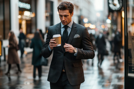 A man dressed in a smart suit strolls through a bustling city street with a coffee cup in hand.の写真素材