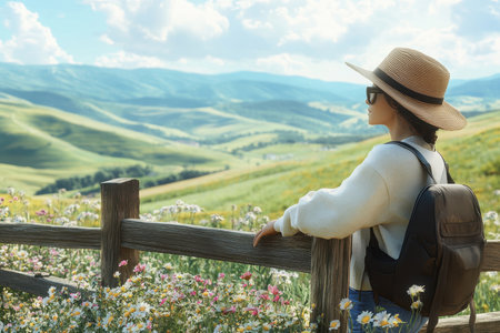 A traveler enjoys the breathtaking view of lush green hills and colorful wildflowers while standing by a wooden fence.の写真素材